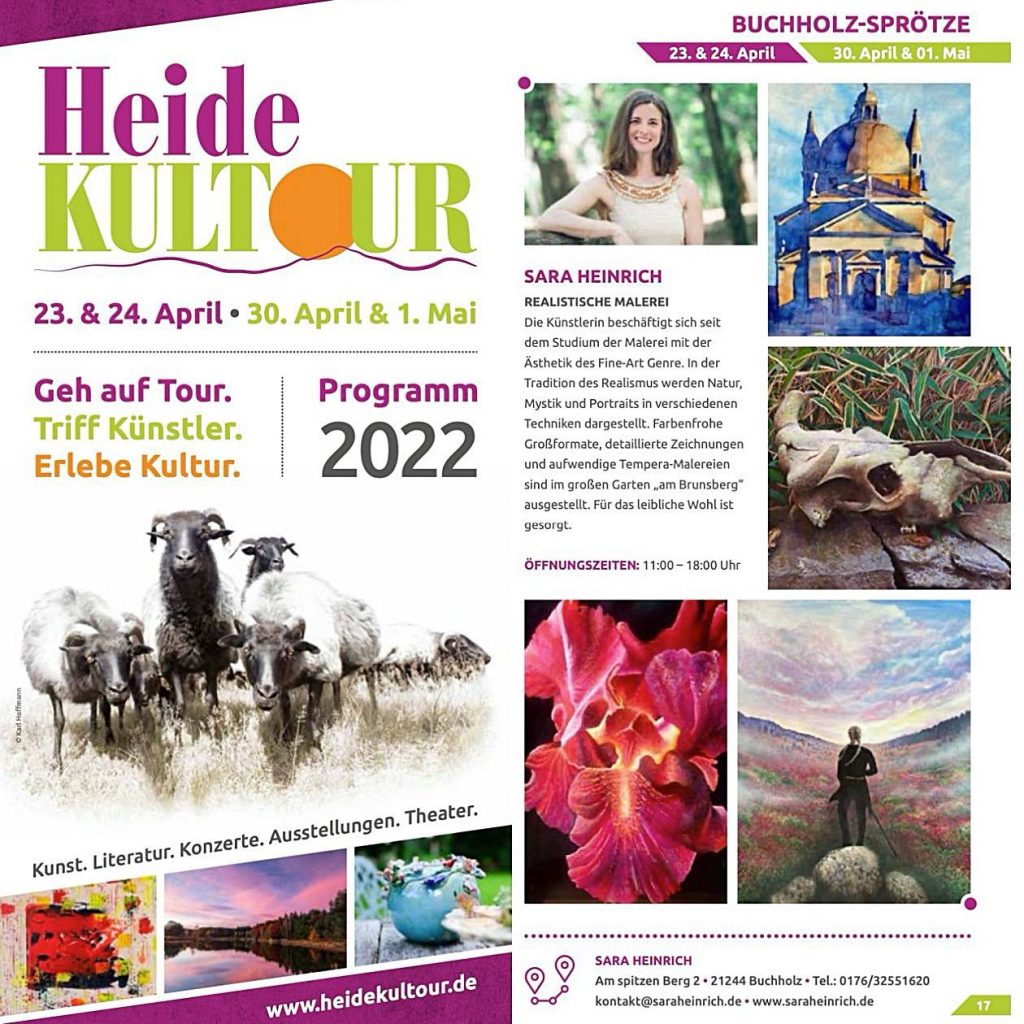 Flyer Einladung zur Kunstausstellung von Sara Heinrich im Rahmen der Heidekultour 2022. 