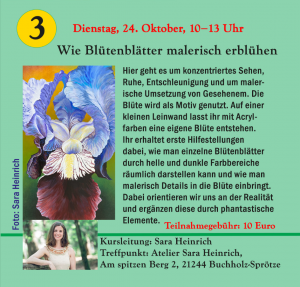 Einladung zu einem Kinder-Workshop in den Herbstferien 2023. Die Künstlerin Sara Heinrich regt erste malerische Impulse beim malen von Blüten auf einer Leinwand an.
